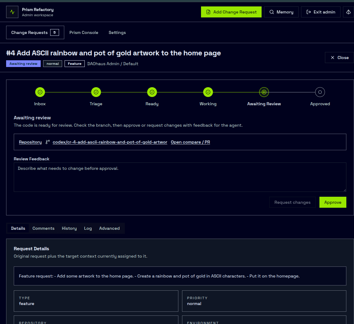 Change request detail review screen